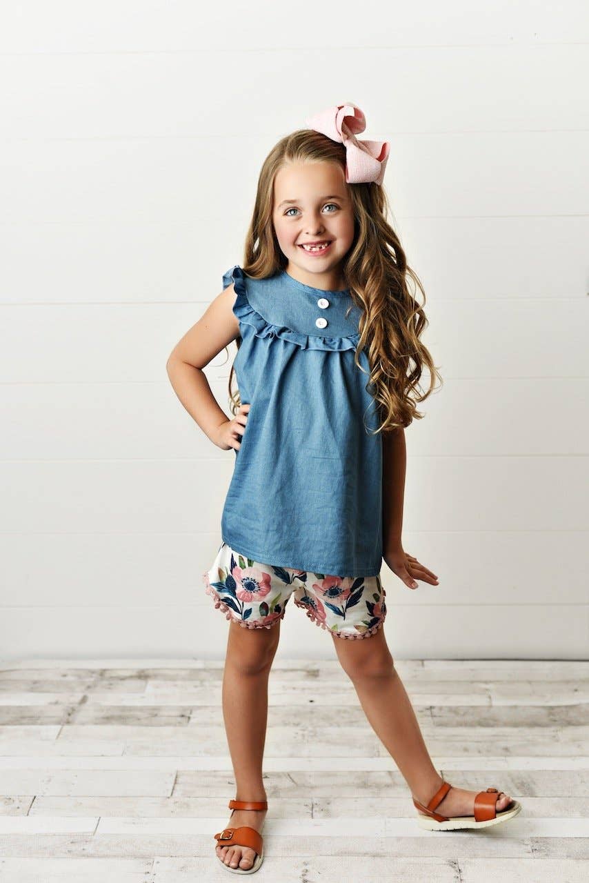 Jean Floral Ruffle Button Two Piece Set