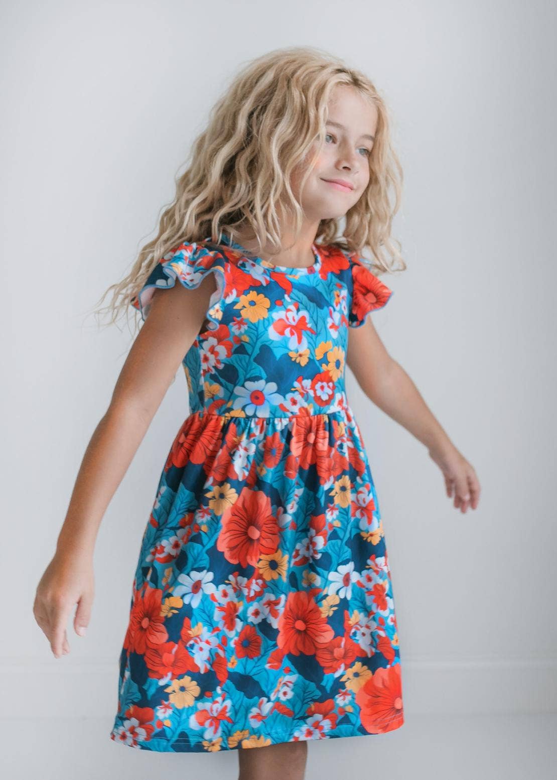 Coral & Blue Floral Claire Flutter Dress