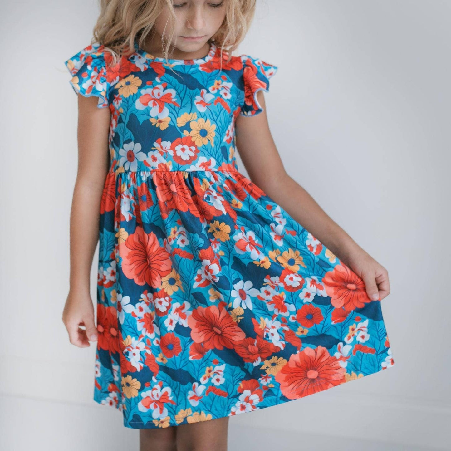 Coral & Blue Floral Claire Flutter Dress