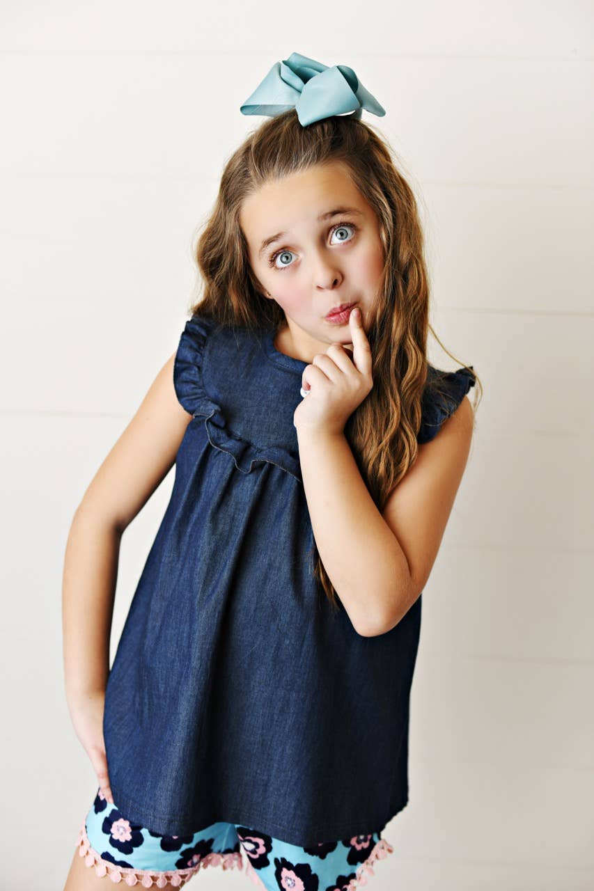 Dark Jean Flower Ruffle Button Two Piece Set