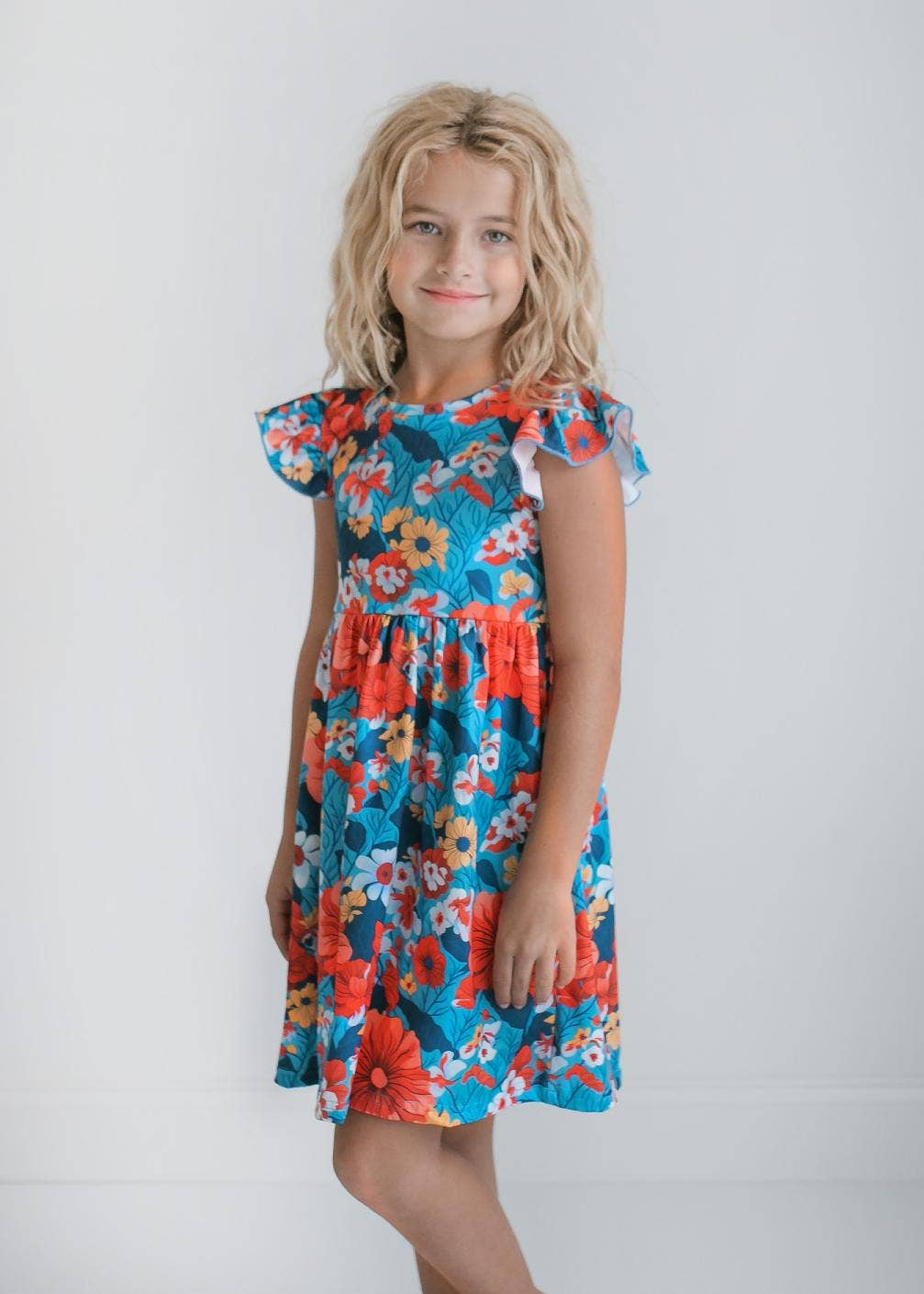 Coral & Blue Floral Claire Flutter Dress