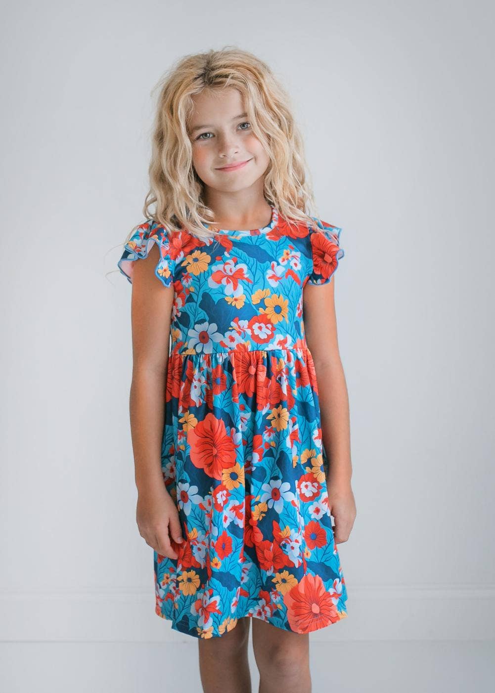 Coral & Blue Floral Claire Flutter Dress