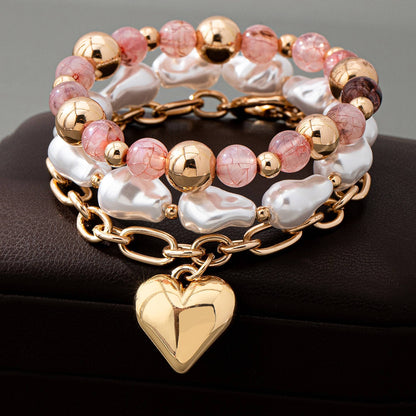 JOSSLYN by wall to wall - MULTI LAYER MIXED PEARL BEAD HEART CHARM BRACELET | 80B1549