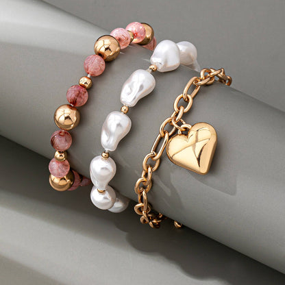 JOSSLYN by wall to wall - MULTI LAYER MIXED PEARL BEAD HEART CHARM BRACELET | 80B1549