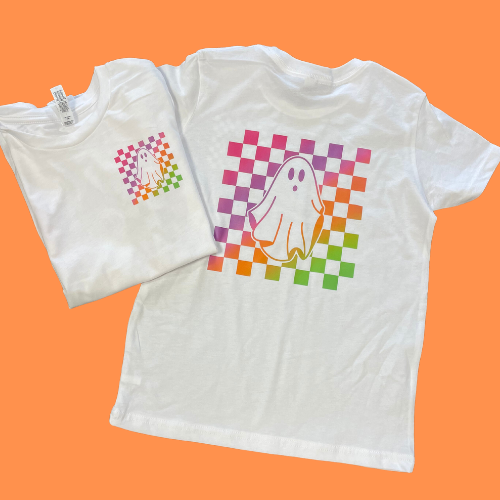 Youth Checkered Ghost Tee with Pocket Ghost