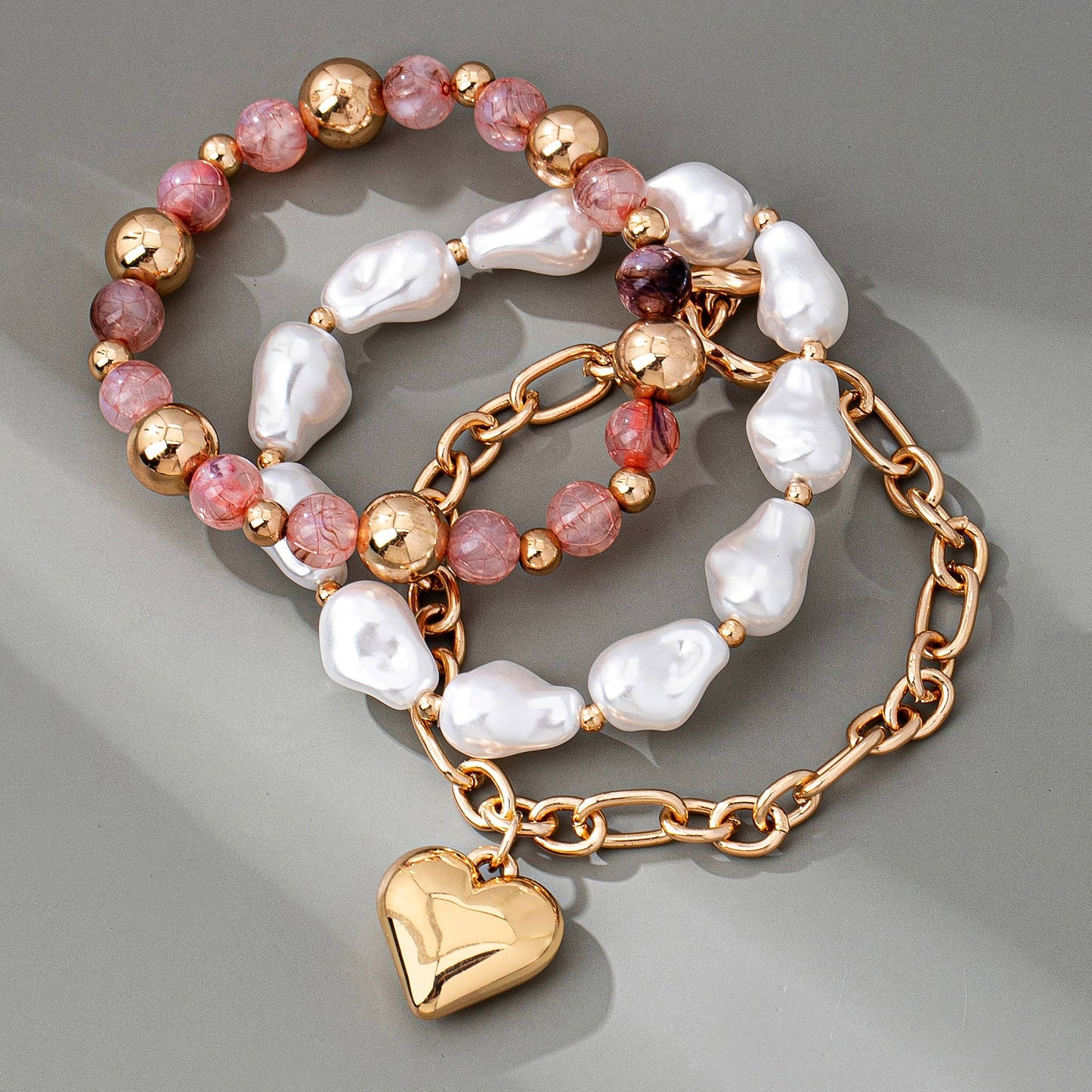 JOSSLYN by wall to wall - MULTI LAYER MIXED PEARL BEAD HEART CHARM BRACELET | 80B1549