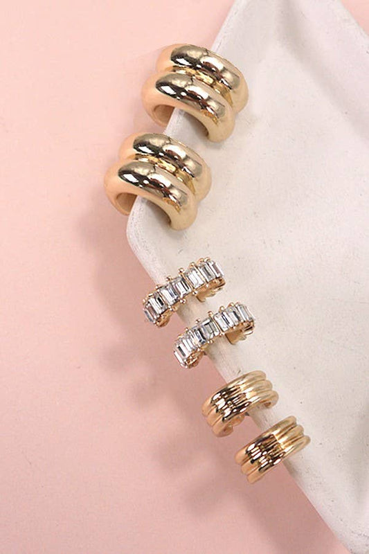 JOSSLYN by wall to wall - BAGUETTE STONE DOUBLE HOOP HUGGIE TRIO EARRINGS | 80E5317