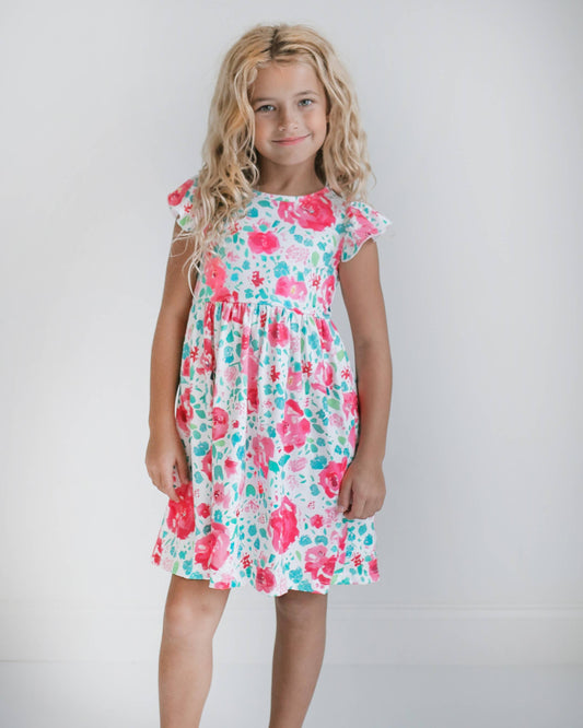 Bright Pink Floral Claire  Flutter Dress