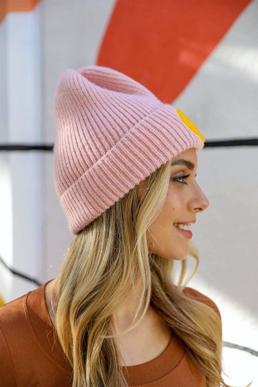 Smiley Face Ribbed Beanie