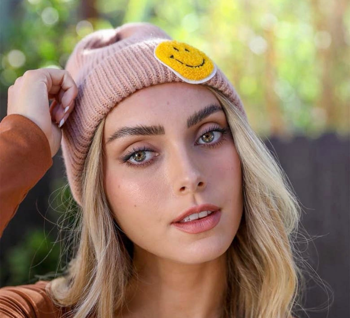 Smiley Face Ribbed Beanie