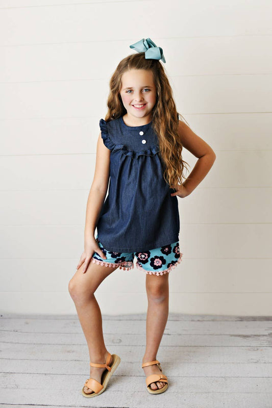 Dark Jean Flower Ruffle Button Two Piece Set